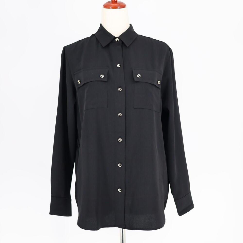 Karl Lagerfeld Paris Women Black Satin Chest-Pocket Relaxed Button Blouse Size S